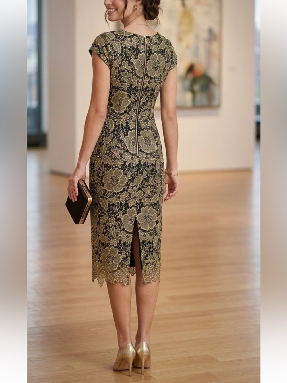 ECI New York Foiled Gold Lace Cap Sleeve Midi Sheath Dress New Size 8 - Picture 2 of 8